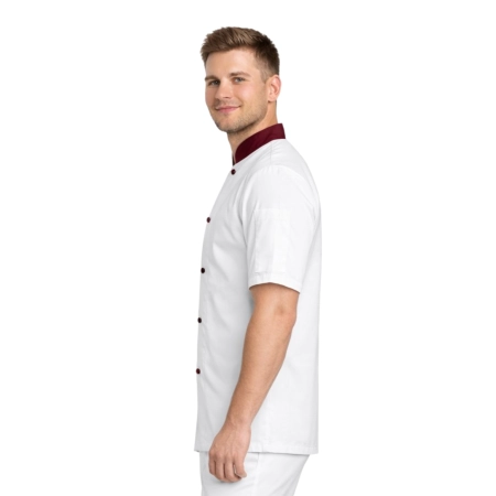 Bluza kucharska biała krótki rękaw wstawki bordowe roz.XXL – bluza kucharska – odzież gastronomiczna dla kucharzy - inne ujęcie